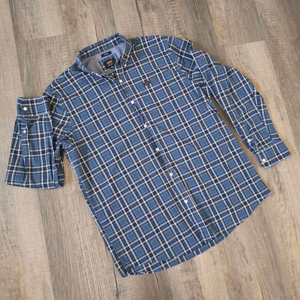 Lee Men's XL Shirt Blue Plaid Long Sleeve Stretch Regular Fit Button Front